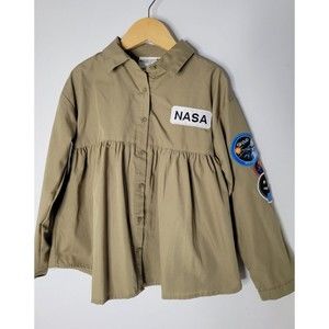 Buzz Aldrin NASA Peplum Blouse Space Top Button Front Tan Girls Size Small